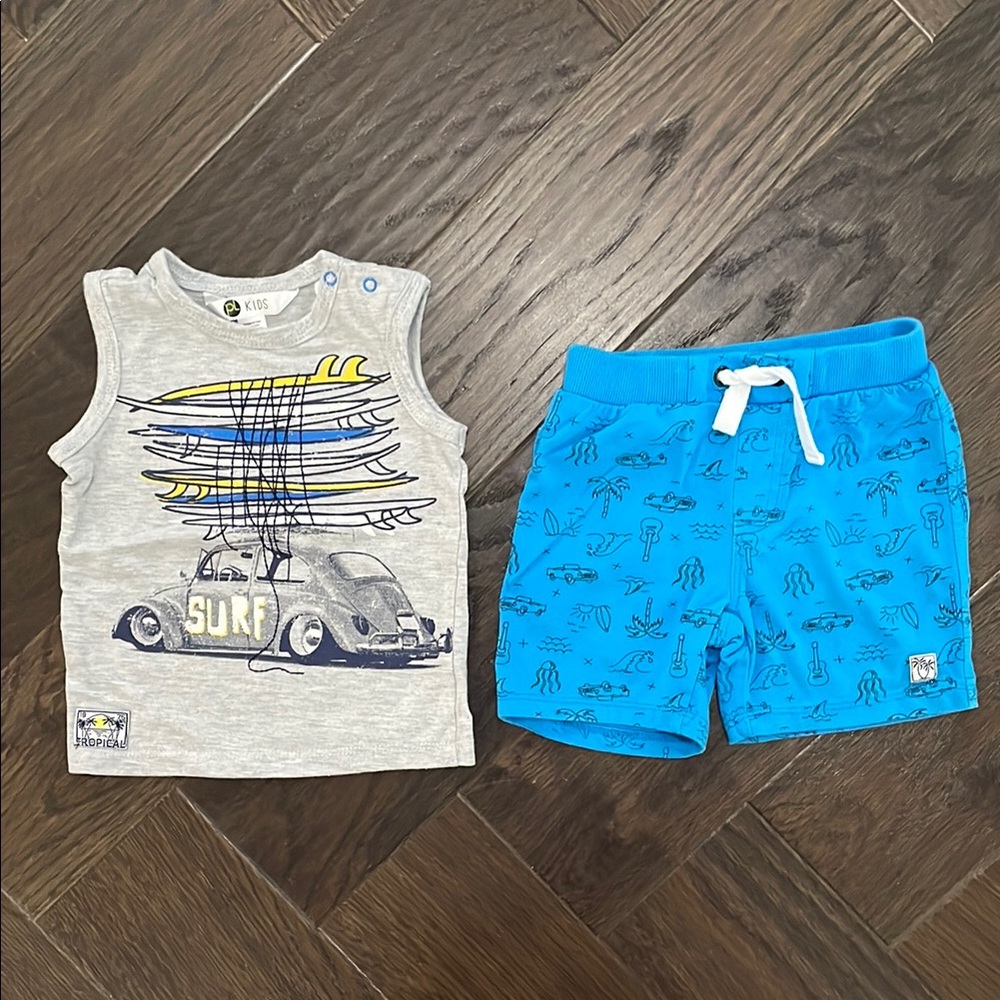 Gray and Blue Summer Matching Set with Vintage Car Design